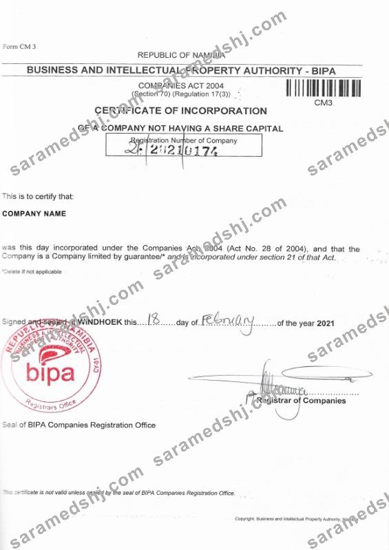 Namibia Certificate of Corporation